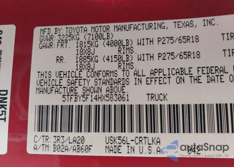 2017 Toyota Tundra Limited 5.7L V8 z USA, uszkodzony, nr VIN 5TFBY5F14HX583061